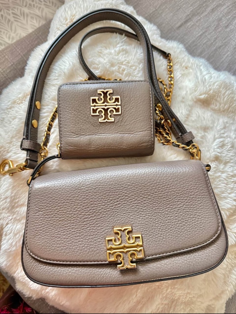 Tory Burch Taupe Pebbled Leather Double Crossbody with Gold Hardware